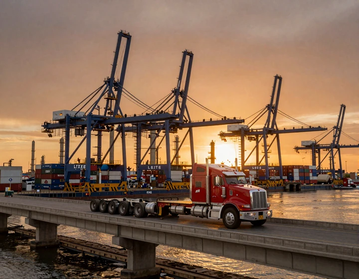 Red Kenworth flatbed truck on I-610 overpass at Port of Houston at sunset, Houston trucker dating lifestyle