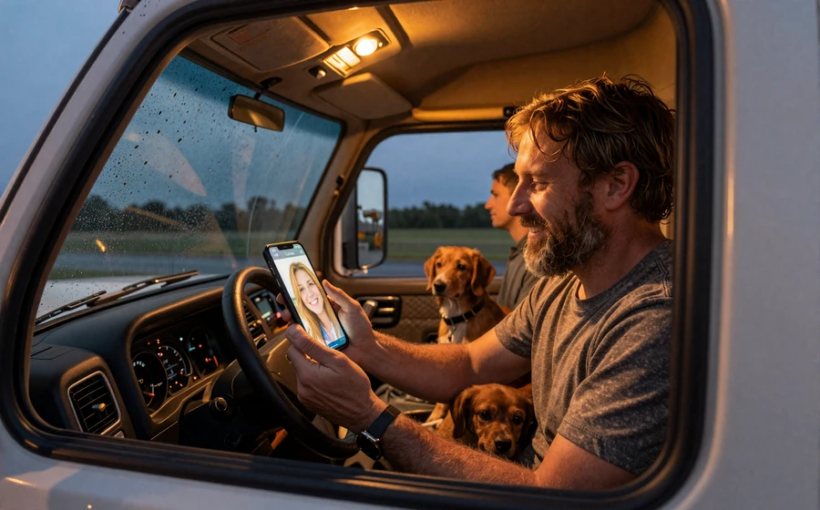 Truck driver on a video call with his partner from inside the sleeper cab at night - the daily reality of dating a long distance truck driver