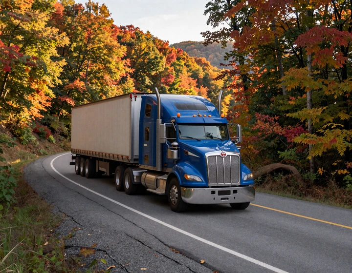Blue Kenworth semi truck climbing Pennsylvania Turnpike I-76 through Appalachian pass at golden hour, illustrating trucker dating Pennsylvania Keystone State routes