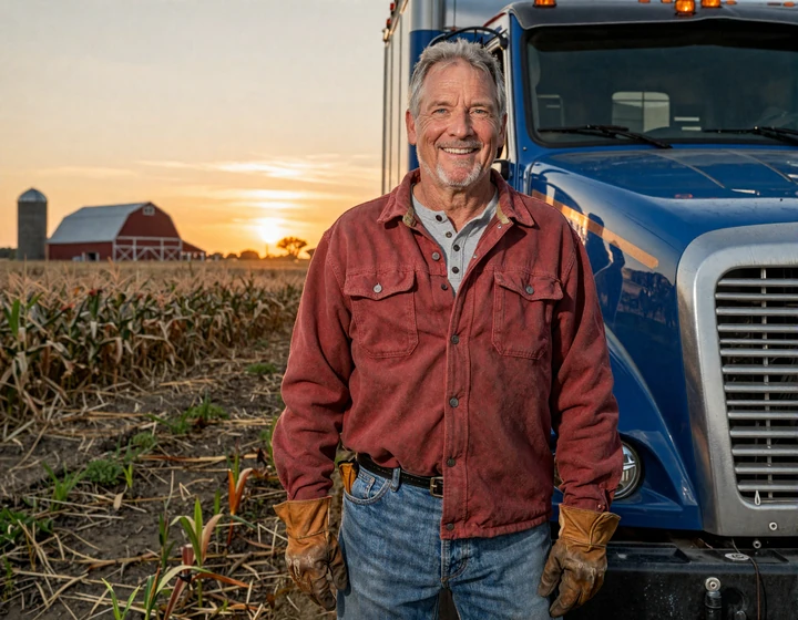 Veteran Iowa farmer-turned-trucker standing beside his blue Kenworth at the edge of a cornfield at sunset, capturing the hardworking Hawkeye State CDL driver