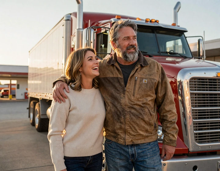 Verified trucker dating couple Hank and Sarah by red Peterbilt at Oklahoma truck stop
