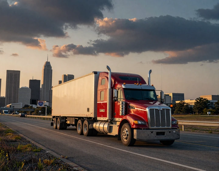Red big rig heading into Dallas skyline on I-35, trucker dating by city lifestyle