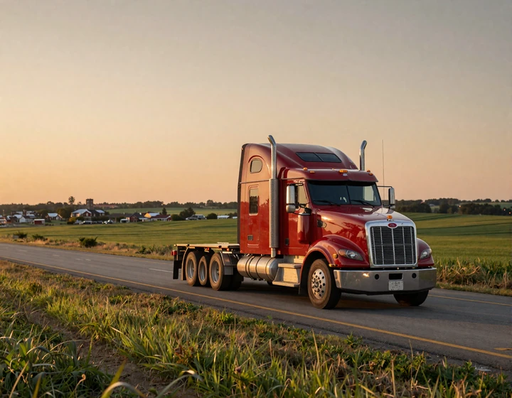 Red Kenworth big rig on Ohio I-70 at golden hour through Buckeye State farmland, illustrating trucker dating Ohio Midwest routes
