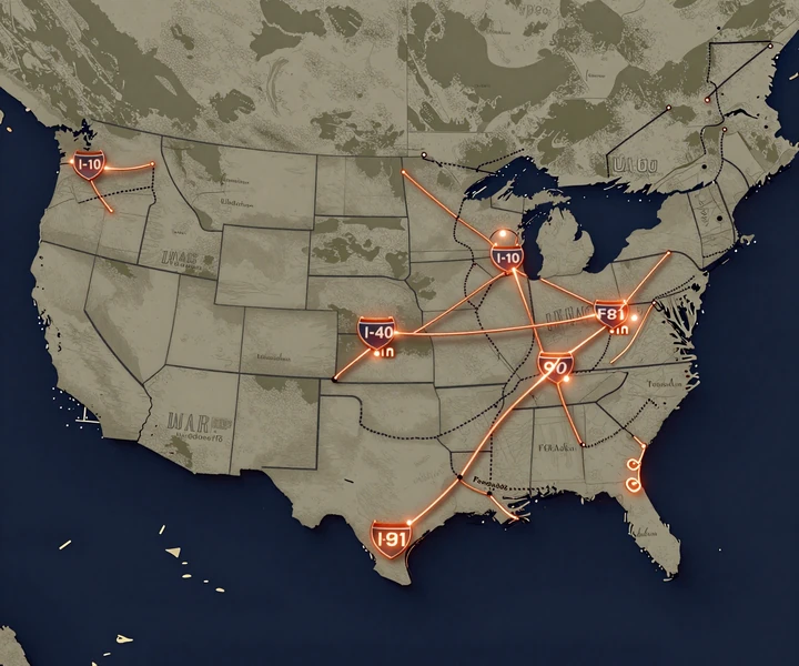 Stylized US map showing copper-colored interstate route lines I-10, I-40, I-80, and I-95 connecting trucker dating hubs
