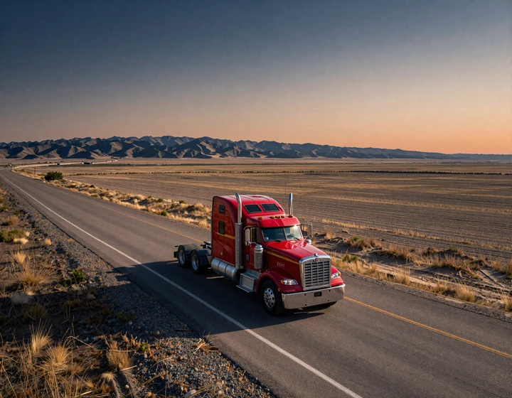 Red Peterbilt big rig on an American interstate at sunset, representing trucker dating across 11 US states