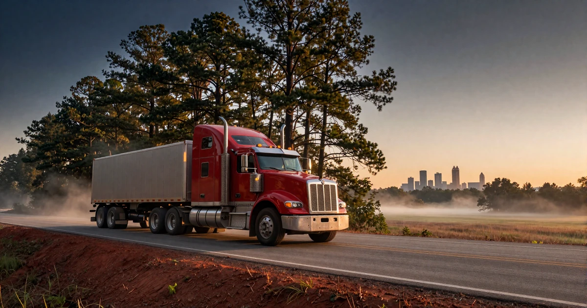Red Kenworth W900 truck rolling through Georgia pine forest on I-75 at sunrise, illustrating Peach State trucker dating routes