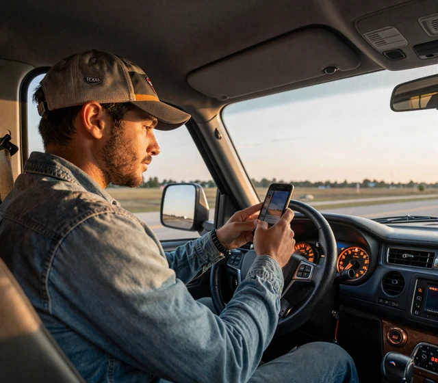 Texas trucker checking his phone from the cab on I-35 outside Dallas at golden hour