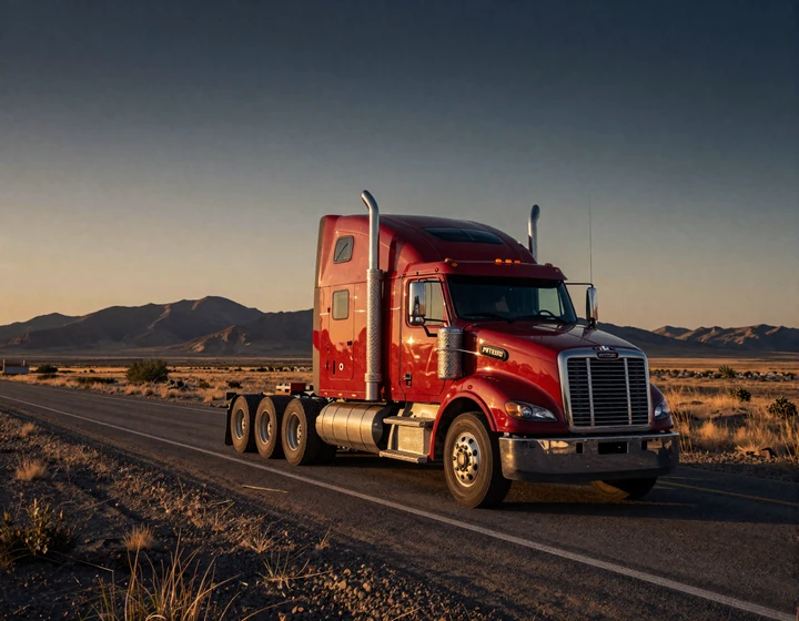 Red Peterbilt big rig running I-10 through West Texas at sunset for trucker dating Texas hub