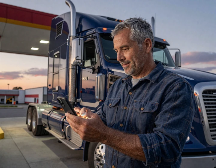 Verified CDL trucker checking a trucker dating profile safely from his rig at a well-lit truck stop