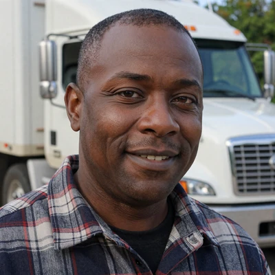 Close-up portrait of a truck driver smiling for a dating profile