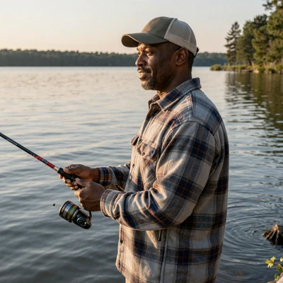 Truck driver fishing at a lake on home time showing life off the road