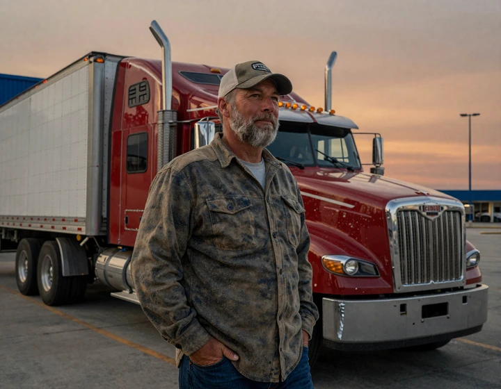 CDL trucker leaning on his red big rig at a Texas truck stop during golden hour, trucker dating lifestyle