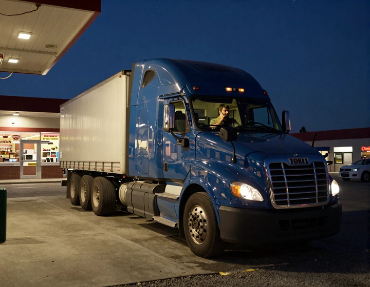 Lone Freightliner parked at a Nebraska truck stop at night with the driver on his phone in the cab, illustrating long-haul loneliness on I-80