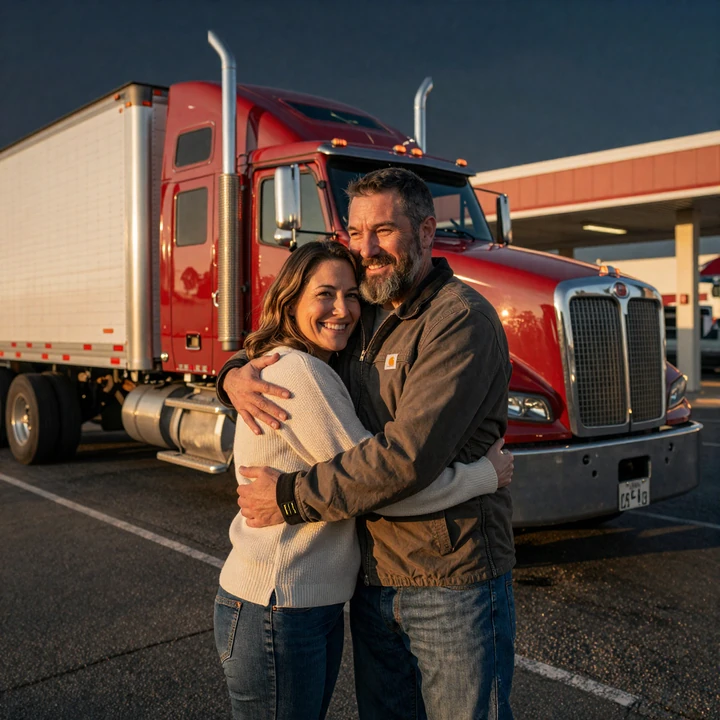 Truck driver hugging his girlfriend at a truck stop reunion during home time, a real moment of dating a truck driver