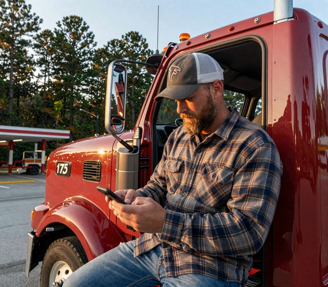 Southeast truck driver in a Peterbilt cab checking dating app at dawn at an I-75 Georgia truck stop with pine trees