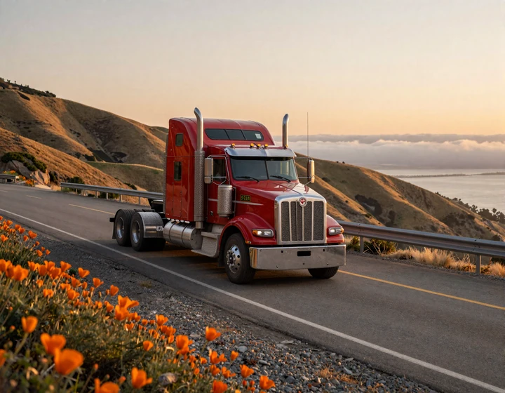 Red Peterbilt big rig descending California I-5 Grapevine pass at sunset, illustrating trucker dating California Pacific Coast routes