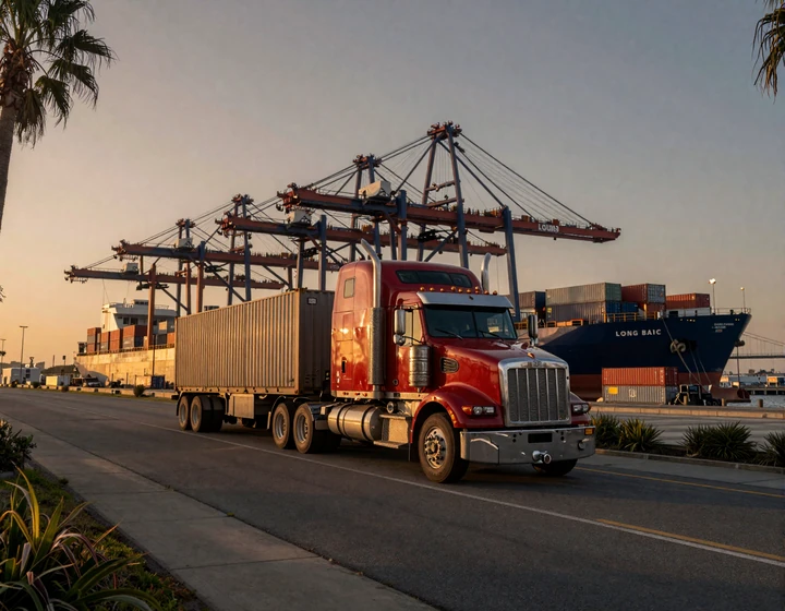 Red Peterbilt big rig hauling a container along palm-lined freeway near the Port of Long Beach at golden hour, West Coast trucker dating lifestyle