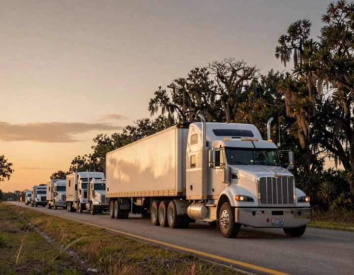 Long-haul truck and snowbird RVs sharing Florida I-75 at sunset, illustrating Sunshine State trucker dating seasonal lanes