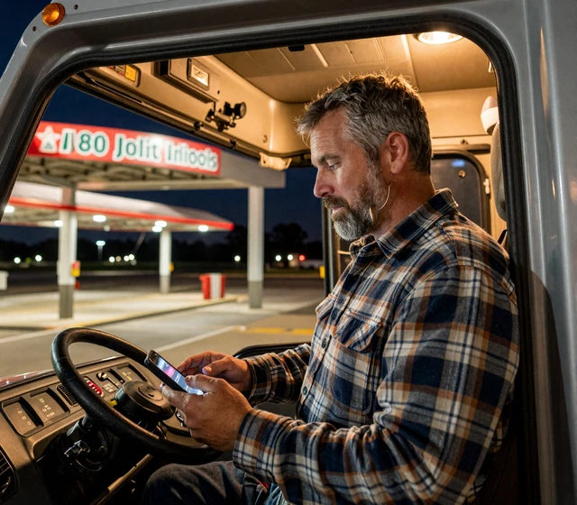 Midwest truck driver checking dating app from his Peterbilt cab at an I-80 Joliet truck stop at night