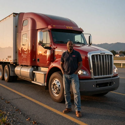 Truck driver standing beside his Peterbilt rig on open highway at sunset