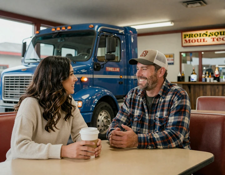 Pennsylvania trucker in flannel laughing with brunette woman over coffee at truck stop diner booth, illustrating dating blue collar men in PA
