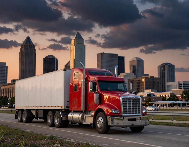 Red Peterbilt big rig approaching Dallas downtown skyline on I-35 at sunset, Texas trucker dating lifestyle