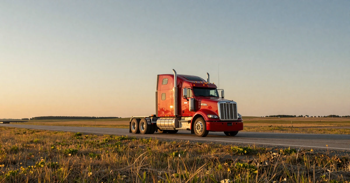 Red Peterbilt big rig rolling west on Nebraska I-80 at sunset across open prairie, illustrating trucker dating Nebraska Cornhusker highway singles