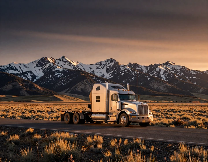 Chrome Peterbilt big rig on Wyoming I-80 with snow-capped Snowy Range on the horizon, illustrating trucker dating Wyoming Mountain West routes