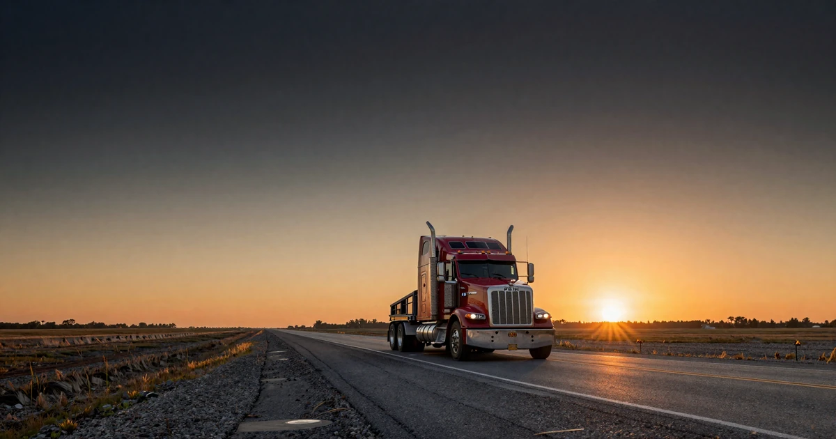 Open American highway at golden hour with red big rig in the distance, trucker dating blog hero