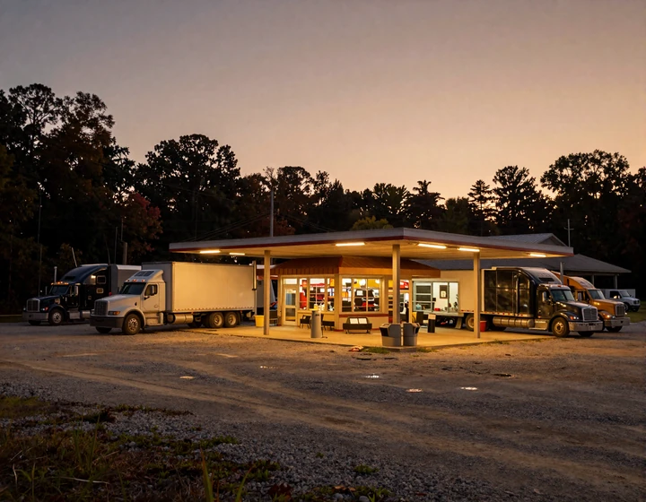 Small rural Arkansas truck stop at dusk with warm diner lights and parked big rigs, capturing Southern small-town trucker dating culture