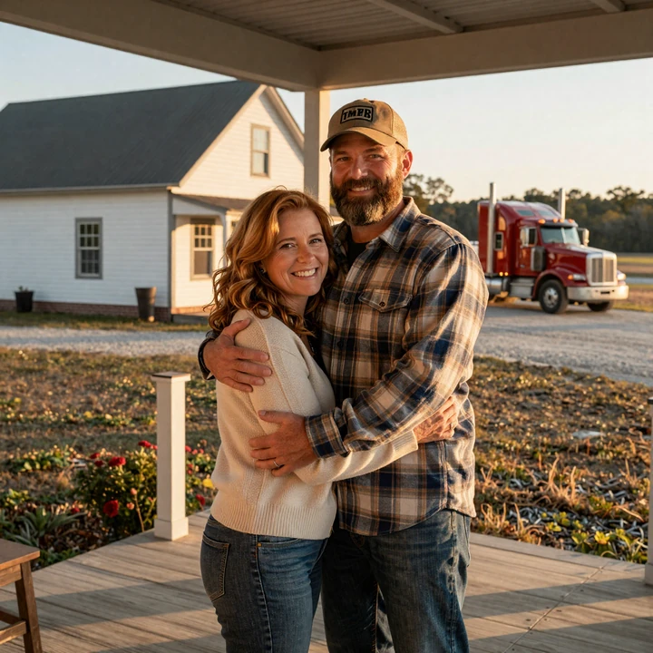 Trucker husband hugging his wife on the front porch during home time after a three-week OTR run - quiet romance on the road