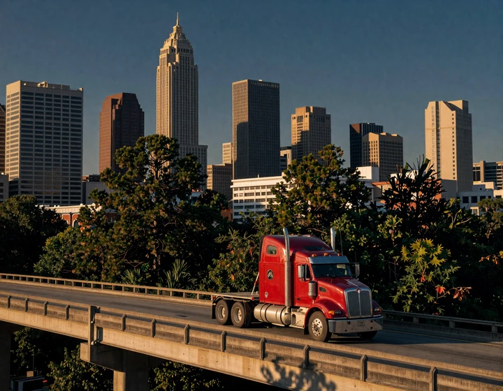 Red Kenworth big rig on I-75 overpass at golden hour with Atlanta downtown skyline and pine silhouettes, Southeast trucker dating lifestyle