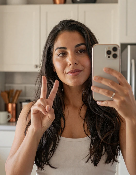 Woman completing the trucker dating site gesture-selfie verification step on her phone