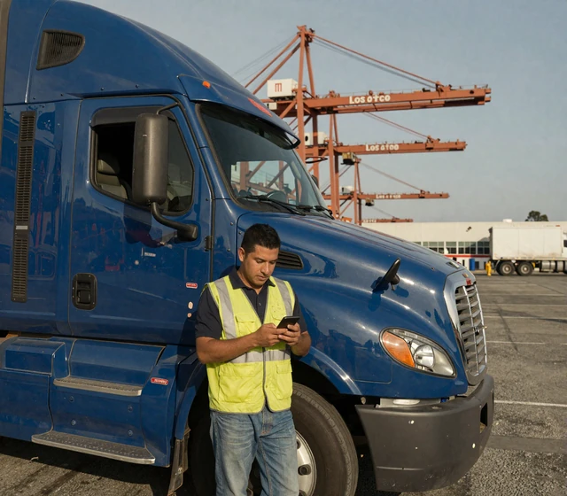 Latino port truck driver leaning on his Freightliner daycab at the Port of Los Angeles checking his trucker dating app, drayage lifestyle