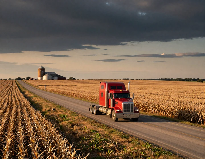 Red Peterbilt big rig on Iowa I-80 cruising past rolling cornfields and a farm silo at golden hour, illustrating trucker dating Iowa Hawkeye State agricultural routes