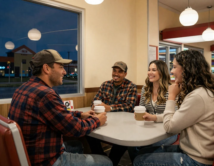 Trucker dating community members meeting at a truck stop diner along the I-40 corridor