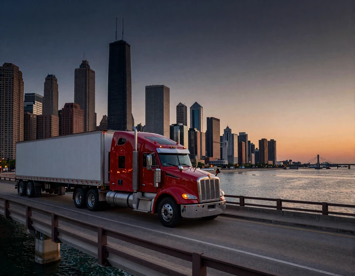 Red Kenworth big rig crossing the Chicago Skyway bridge at dawn with downtown skyline and Lake Michigan, Midwest trucker dating lifestyle