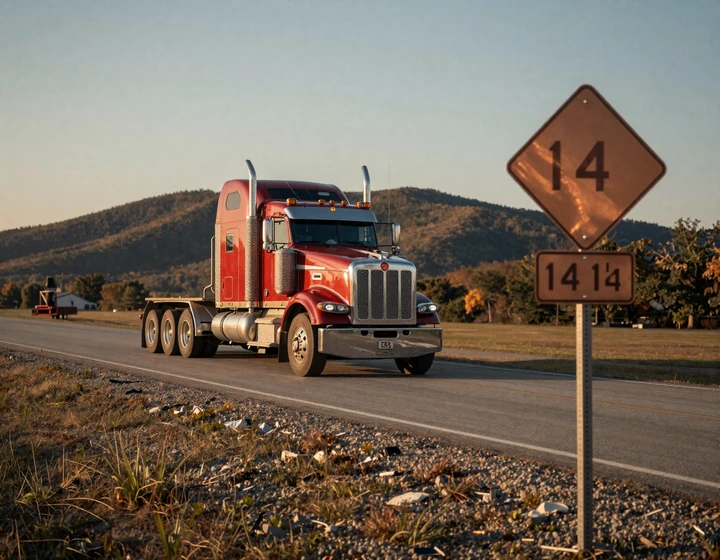Red Kenworth big rig on Arkansas I-40 with Ozark foothills at golden hour, illustrating trucker dating Arkansas Natural State routes