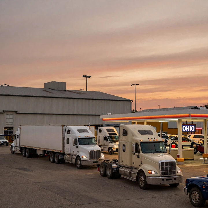 Ohio truck stop next to manufacturing plant at dusk, blue-collar trucker community gathering point
