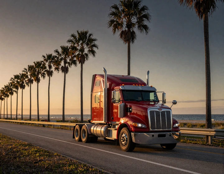 Red Kenworth long-haul truck on Florida I-95 at golden hour with palm-lined shoulder, illustrating trucker dating Florida coastal routes