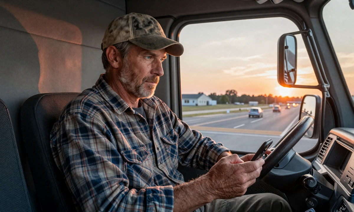 Long-haul truck driver in cab at sunset, reflective moment with phone, life of a truck driver
